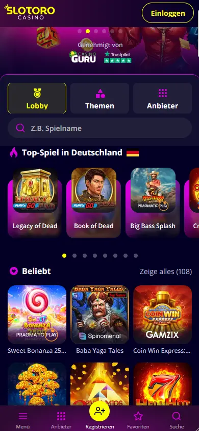 Die Slotoro-App auf dem Smartphone mit Spiel- und Bonusübersicht