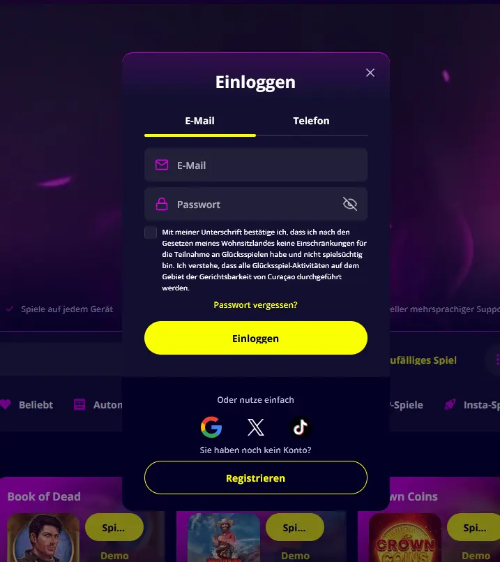 Login-Maske von Slotoro im Browser
