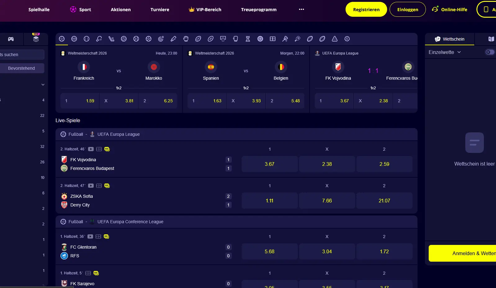 Sportwetten-Angebot von Slotoro mit Live-Quoten